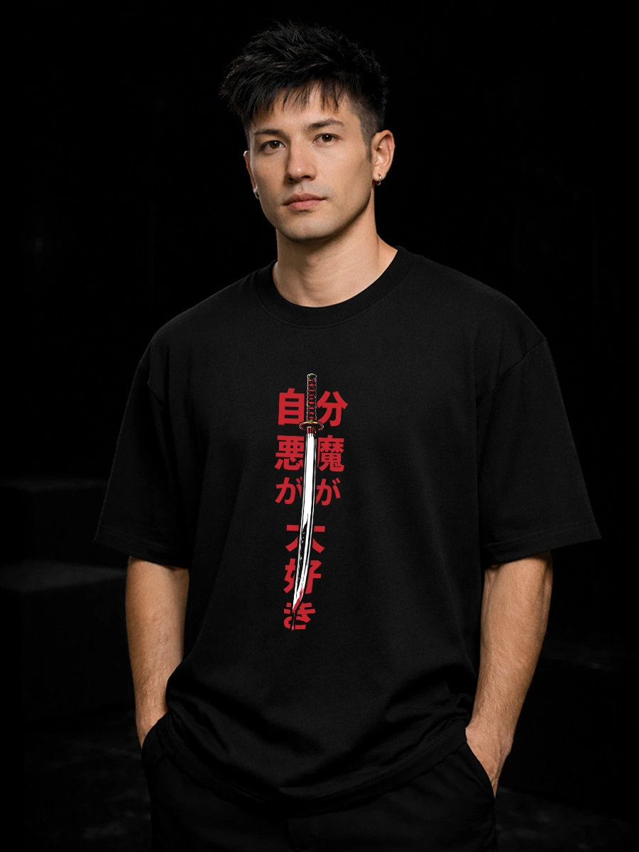 Oni Reaper oversized black t shirt front sword graphic