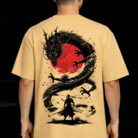 Japanese dragon and warrior artwork on oversized beige t shirt
