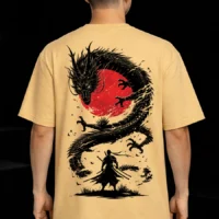 Japanese dragon and warrior artwork on oversized beige t shirt