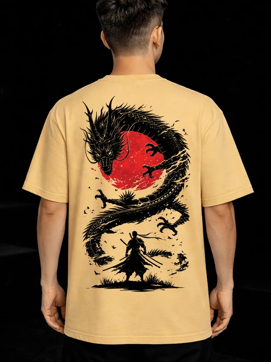 Japanese dragon and warrior artwork on oversized beige t shirt
