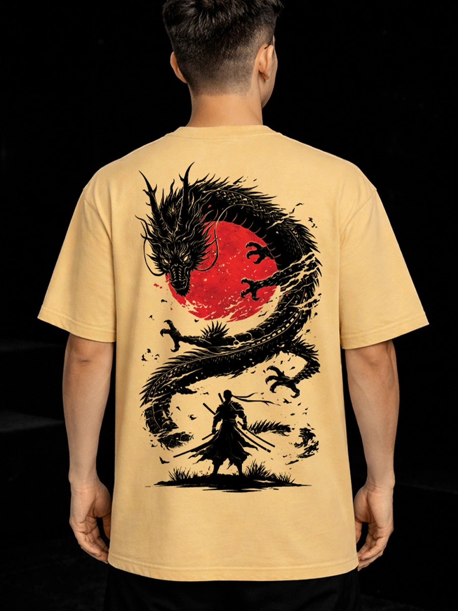 Japanese dragon and warrior artwork on oversized beige t shirt