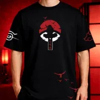 Model wearing Itachi Uchiha oversized anime streetwear t shirt