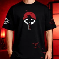 Model wearing Itachi Uchiha oversized anime streetwear t shirt