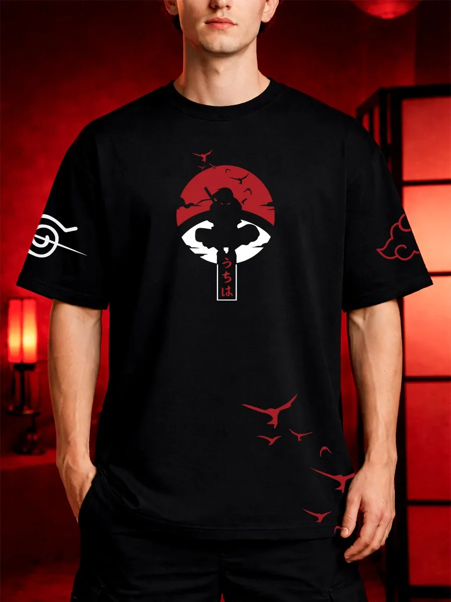 Model wearing Itachi Uchiha oversized anime streetwear t shirt