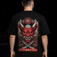 Japanese oni mask artwork on black oversized t shirt