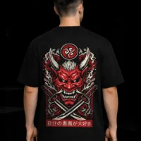 Japanese oni mask artwork on black oversized t shirt