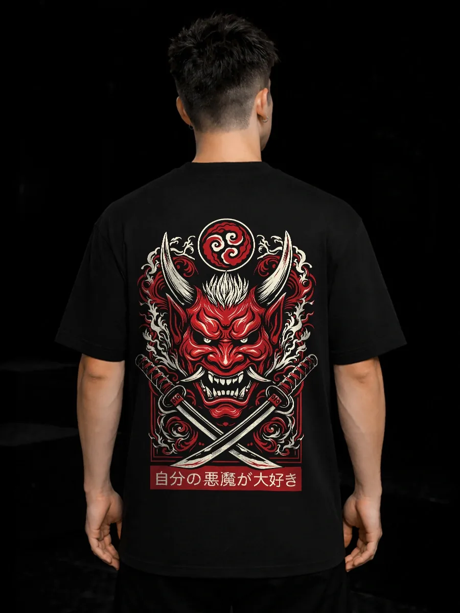 Japanese oni mask artwork on black oversized t shirt