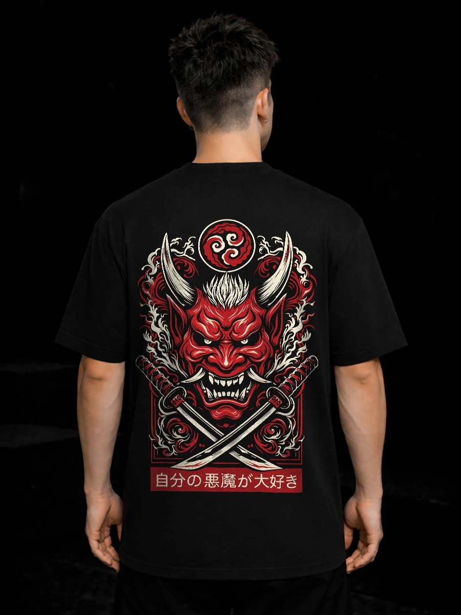 Japanese oni mask artwork on black oversized t shirt