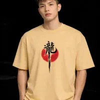 Dragon Ascension front graphic on oversized beige t shirt