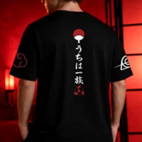 Uchiha clan inspired artwork on oversized black anime t shirt