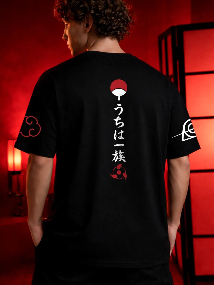 Uchiha clan inspired artwork on oversized black anime t shirt