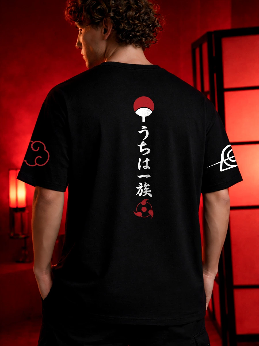 Uchiha clan inspired artwork on oversized black anime t shirt