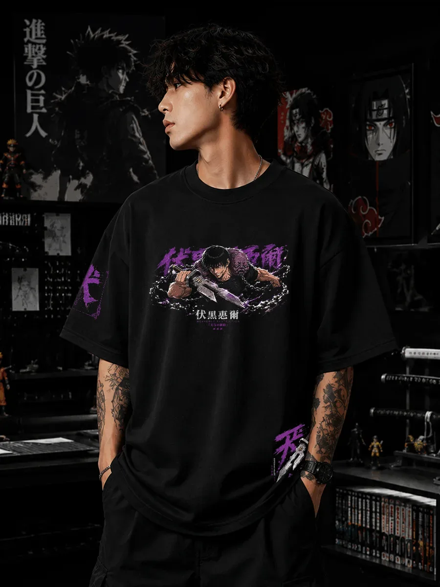 Toji Fushiguro artwork on black oversized t shirt