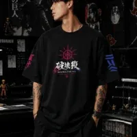 Akaza Demon Slayer artwork on black oversized t shirt
