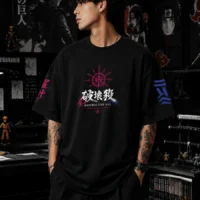 Akaza Demon Slayer artwork on black oversized t shirt