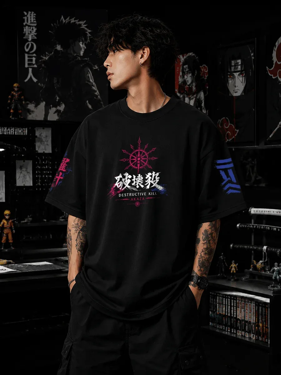 Akaza Demon Slayer artwork on black oversized t shirt