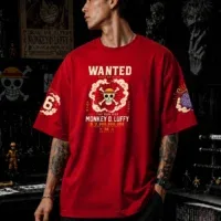 Monkey D Luffy One Piece artwork on red oversized t shirt
