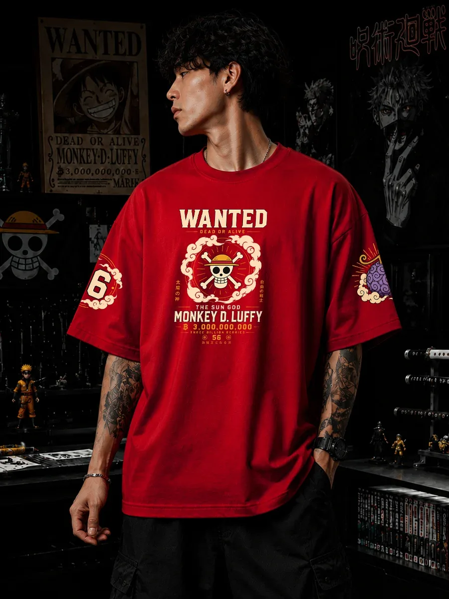 Monkey D Luffy One Piece artwork on red oversized t shirt