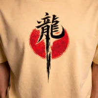Model wearing Dragon Ascension oversized beige streetwear t shirt