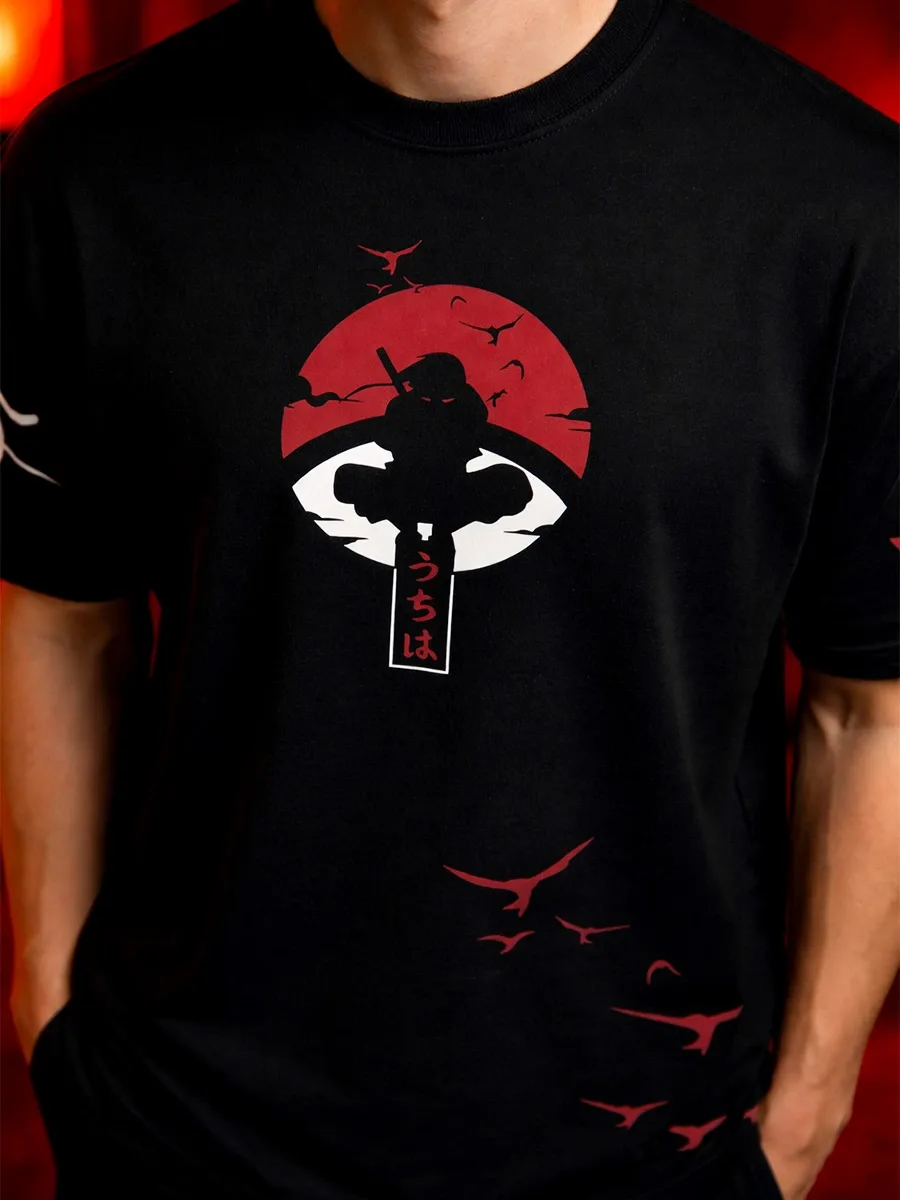 Itachi Uchiha inspired artwork on black oversized t shirt
