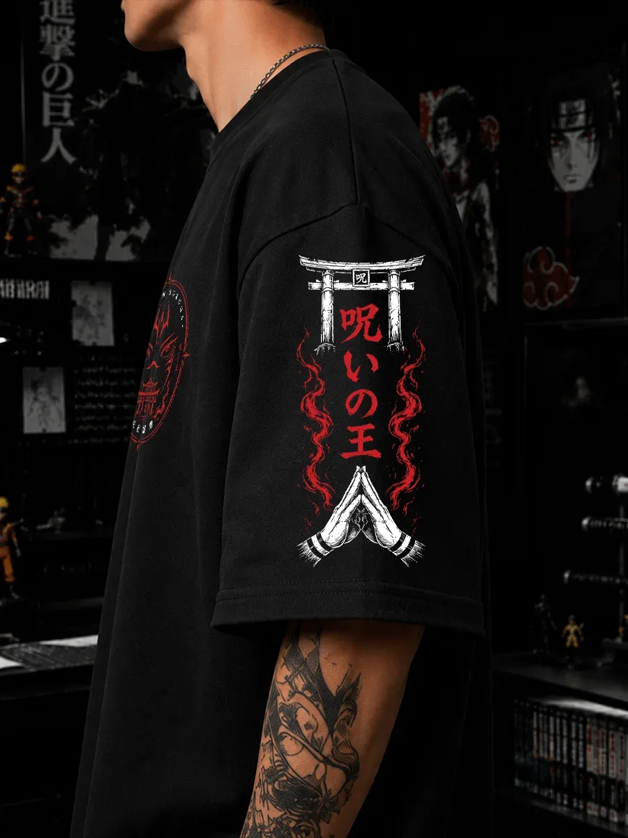 Sukuna King of Curses graphic on oversized black anime t shirt