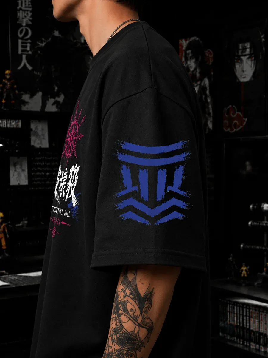 Akaza Upper Rank Three graphic on oversized black anime t shirt