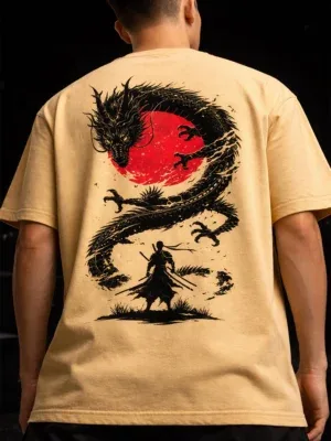 Dragon Ascension oversized beige graphic t shirt by Dilli Drip