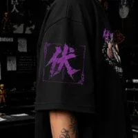 Model wearing Toji Fushiguro oversized anime streetwear t shirt