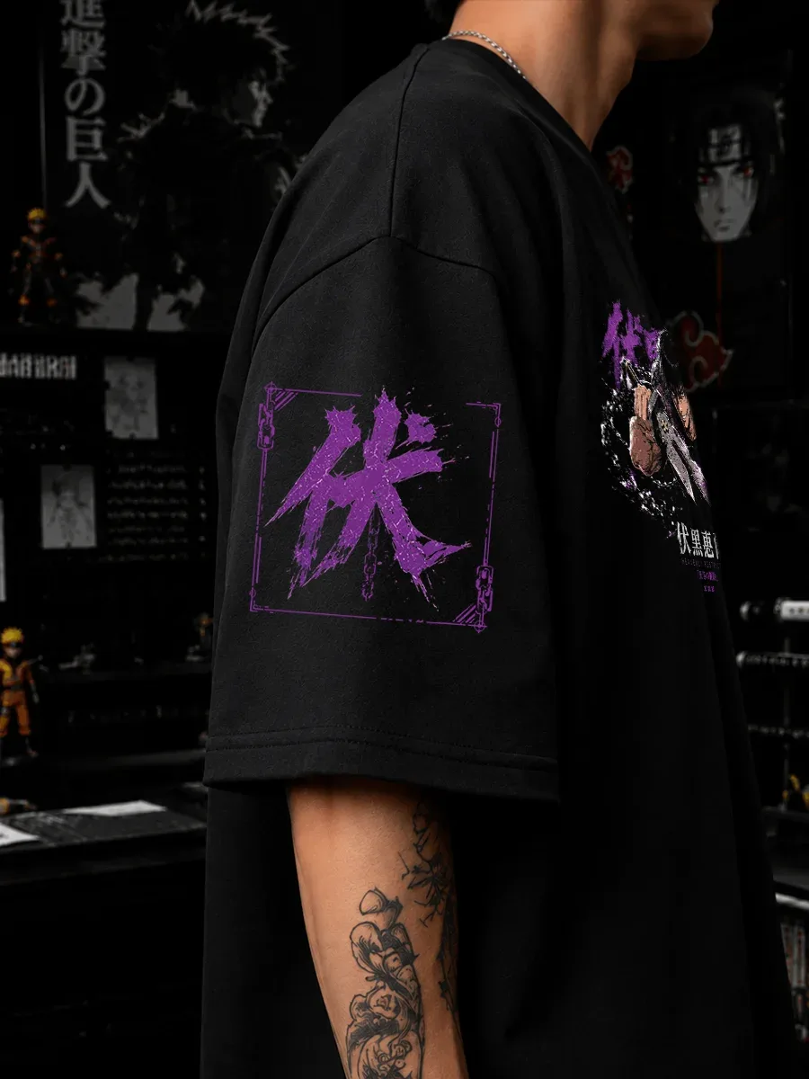 Model wearing Toji Fushiguro oversized anime streetwear t shirt
