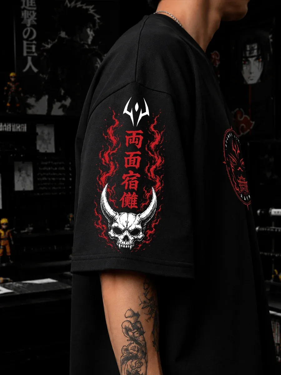 Model wearing Sukuna King of Curses oversized anime streetwear t shirt