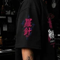 Model wearing Akaza oversized anime streetwear t shirt