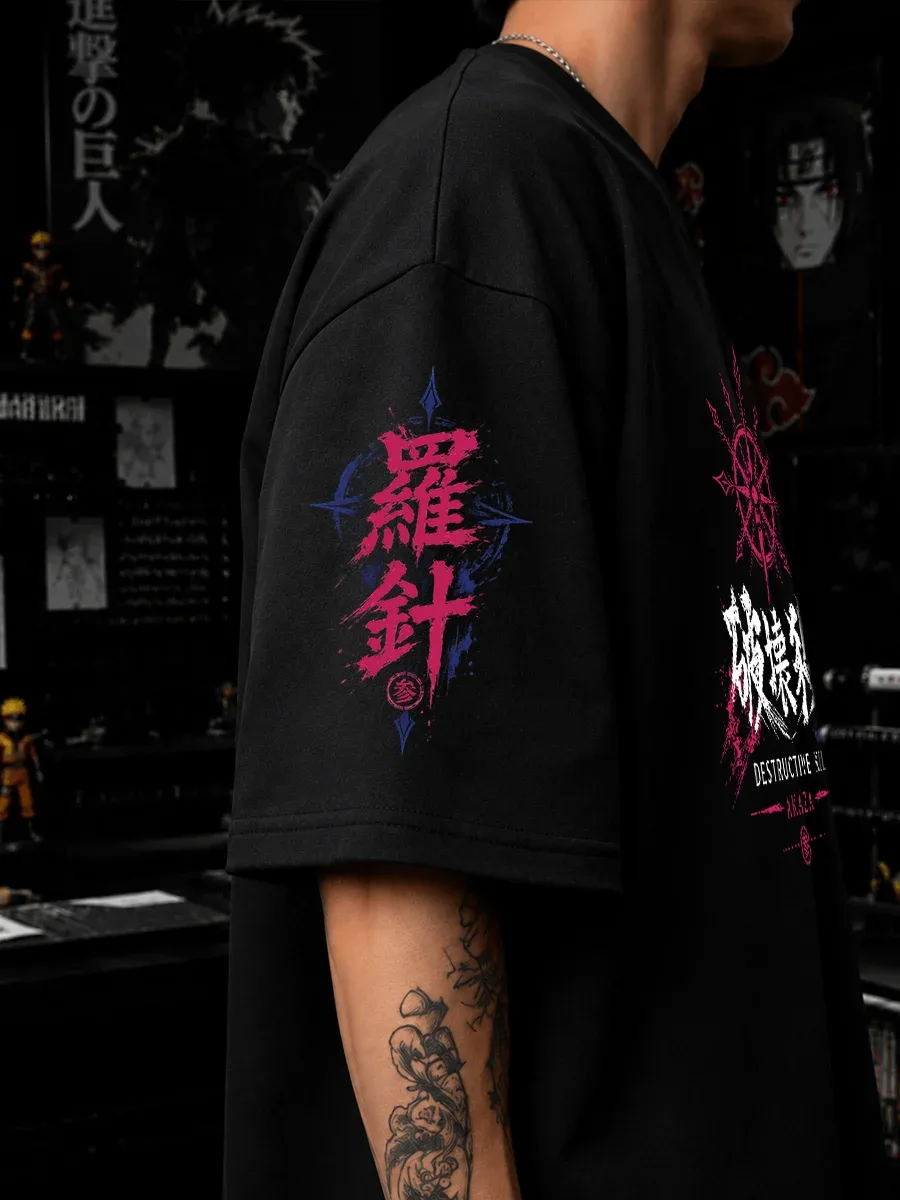 Model wearing Akaza oversized anime streetwear t shirt