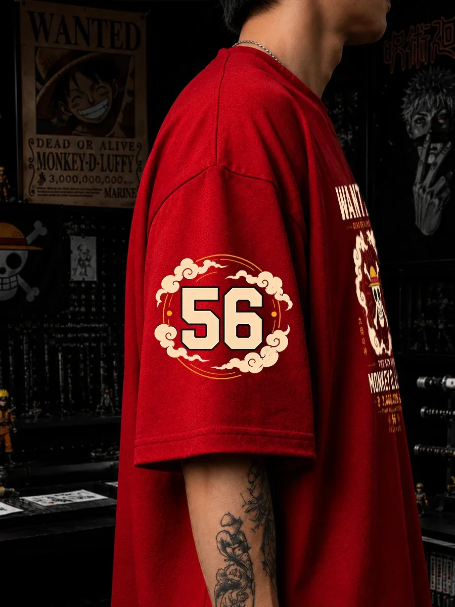 Model wearing Monkey D Luffy oversized anime streetwear t shirt