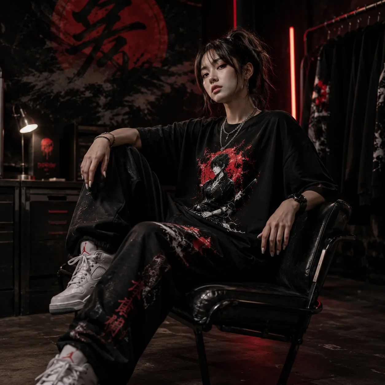 Model wearing premium oversized anime streetwear in a modern black and red studio.