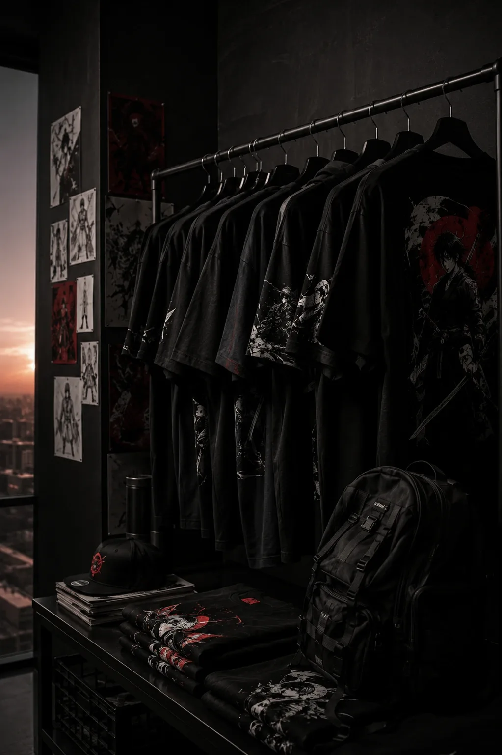 Premium anime-inspired oversized streetwear collection displayed in a modern fashion studio.