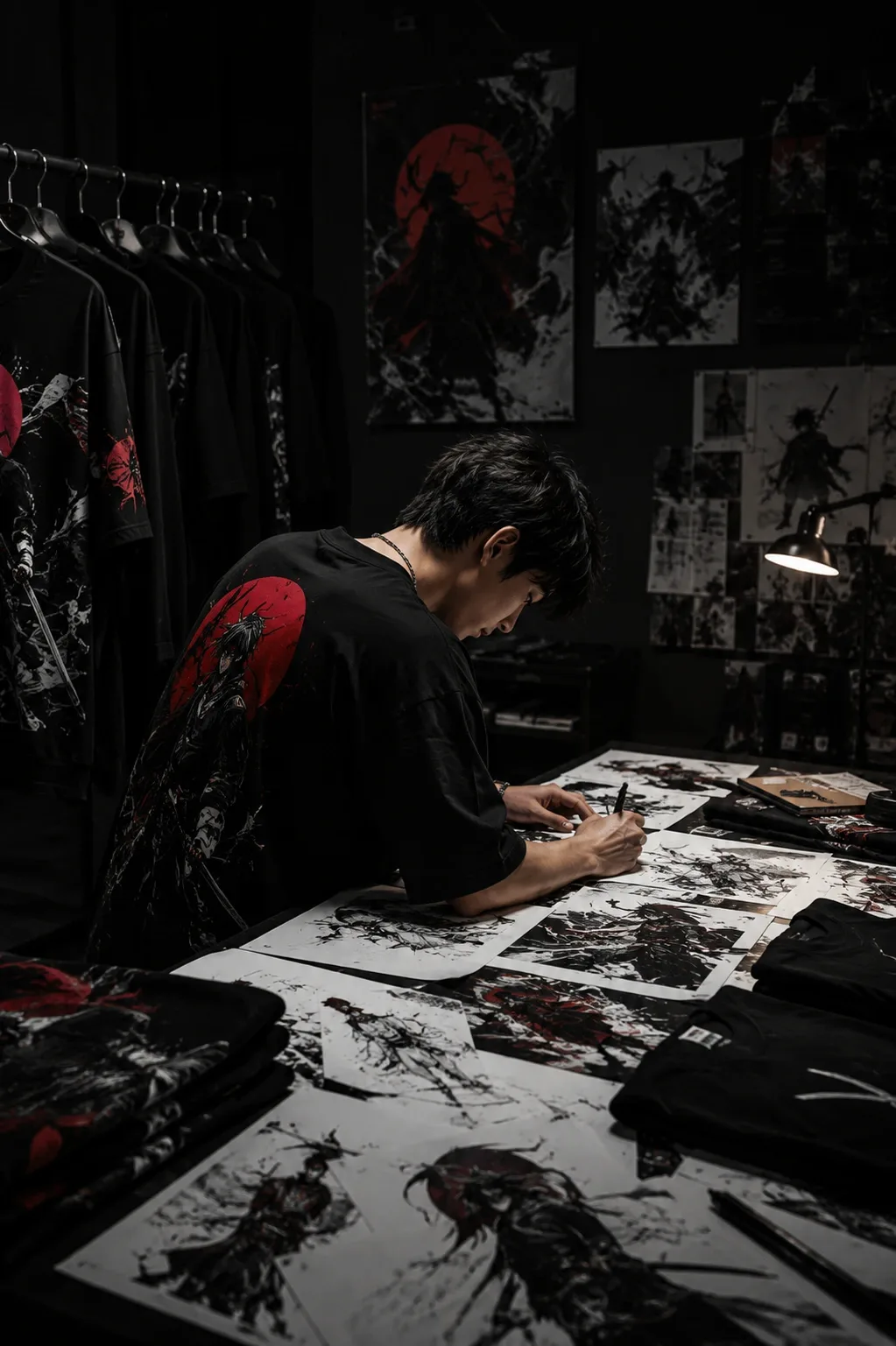 Designer creating anime-inspired streetwear artwork inside a premium fashion design studio.