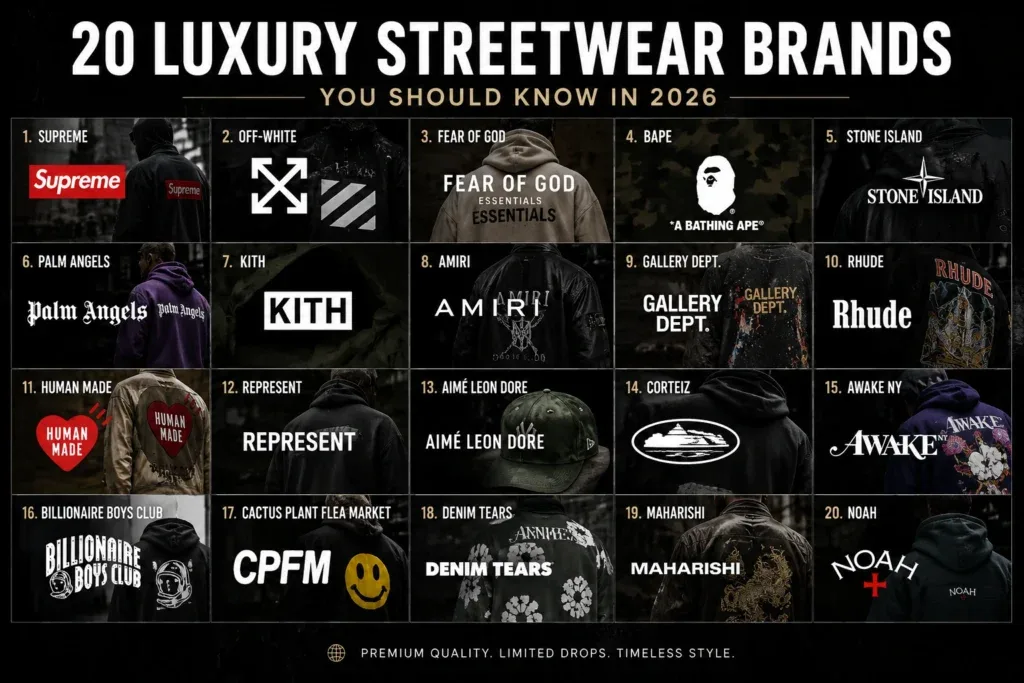 Top 20 luxury streetwear brands in 2026 including Supreme, Off-White, Fear of God, BAPE, Stone Island, and more