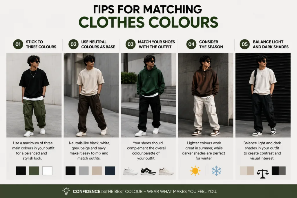 Best clothes colour combinations infographic showing five simple tips to match outfit colours for a stylish and balanced look.