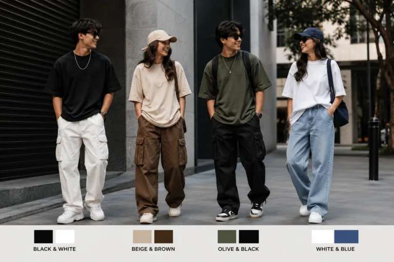 Best clothes colour combinations shown through modern streetwear outfits in black and white, beige and brown, olive and black, and white and blue.