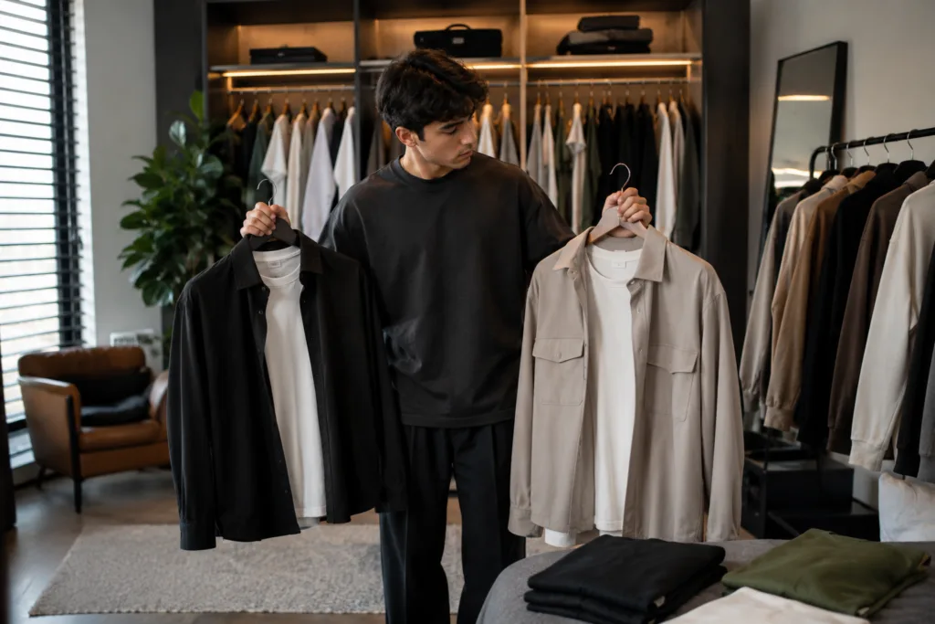 Hire stylist men guide showing wardrobe planning and outfit selection.