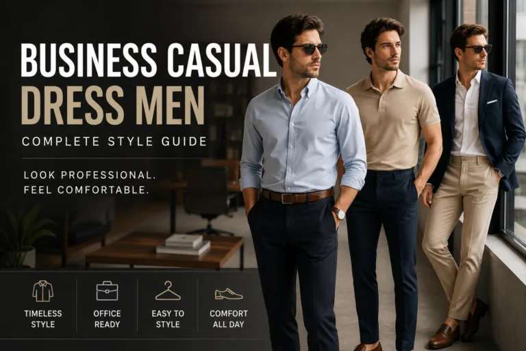 Business casual dress men wearing modern office outfits with professional business casual style.
