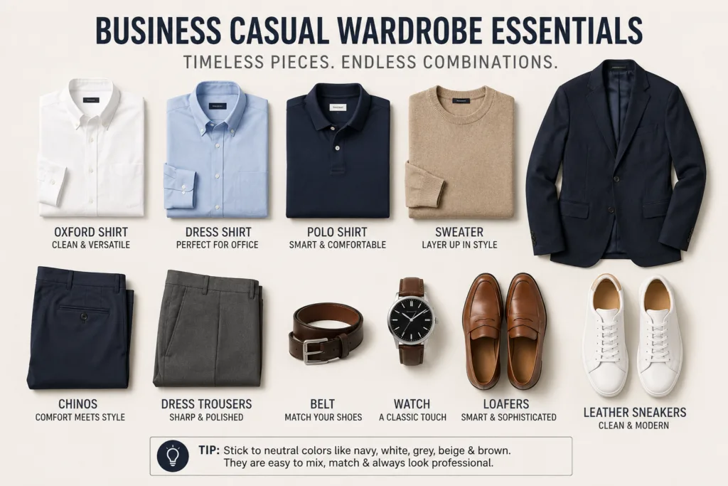 Business casual wardrobe essentials for men including Oxford shirts, chinos, blazers, loafers, and leather sneakers.