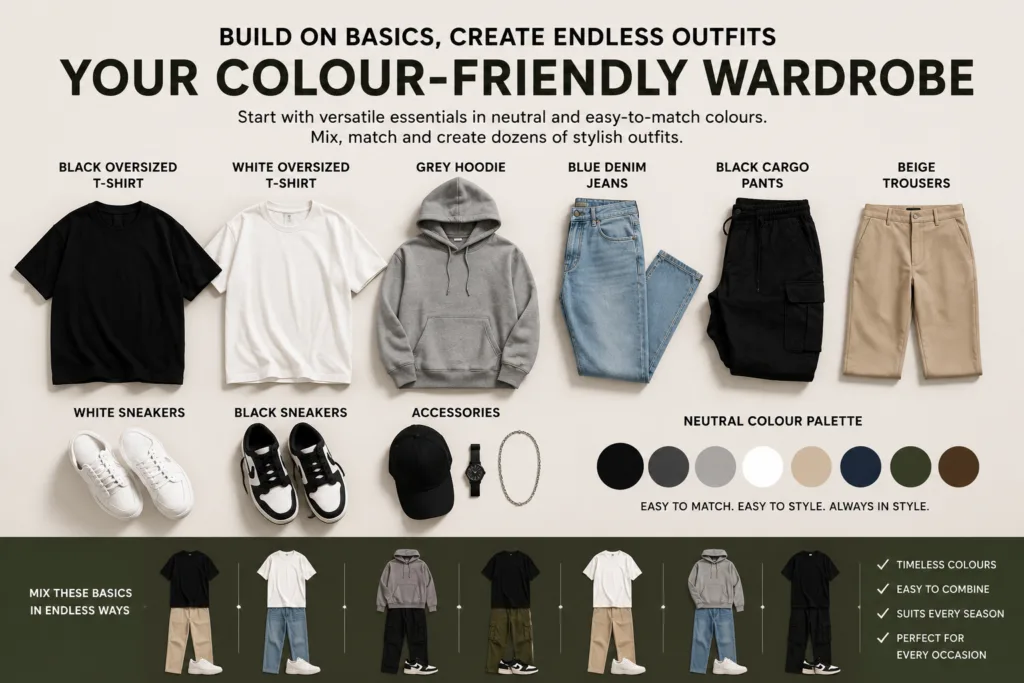 Colour-friendly wardrobe essentials including oversized T-shirts, hoodies, cargo pants, jeans, and sneakers for creating the best clothes colour combinations.