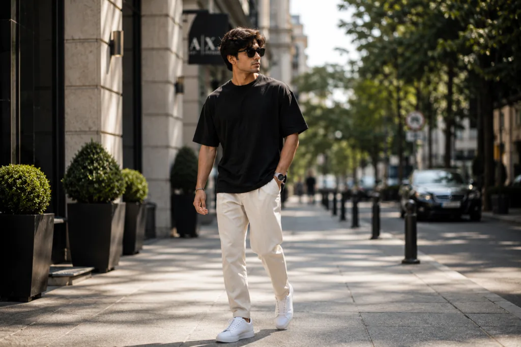 Hire stylist men inspiration with a confident modern streetwear look.