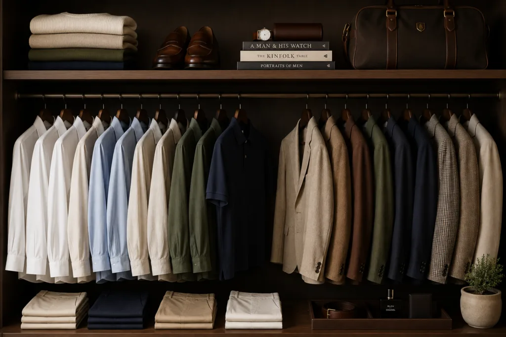 Old money outfits men wardrobe with classic neutral clothing essentials.