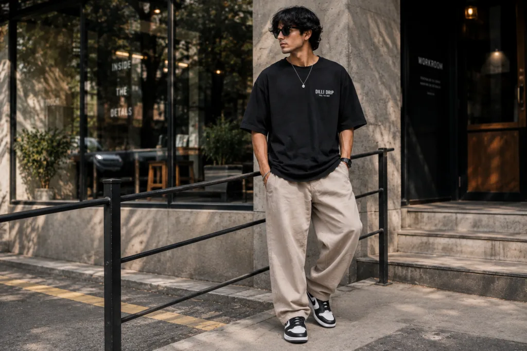 Latest mens fashion featuring relaxed oversized streetwear.