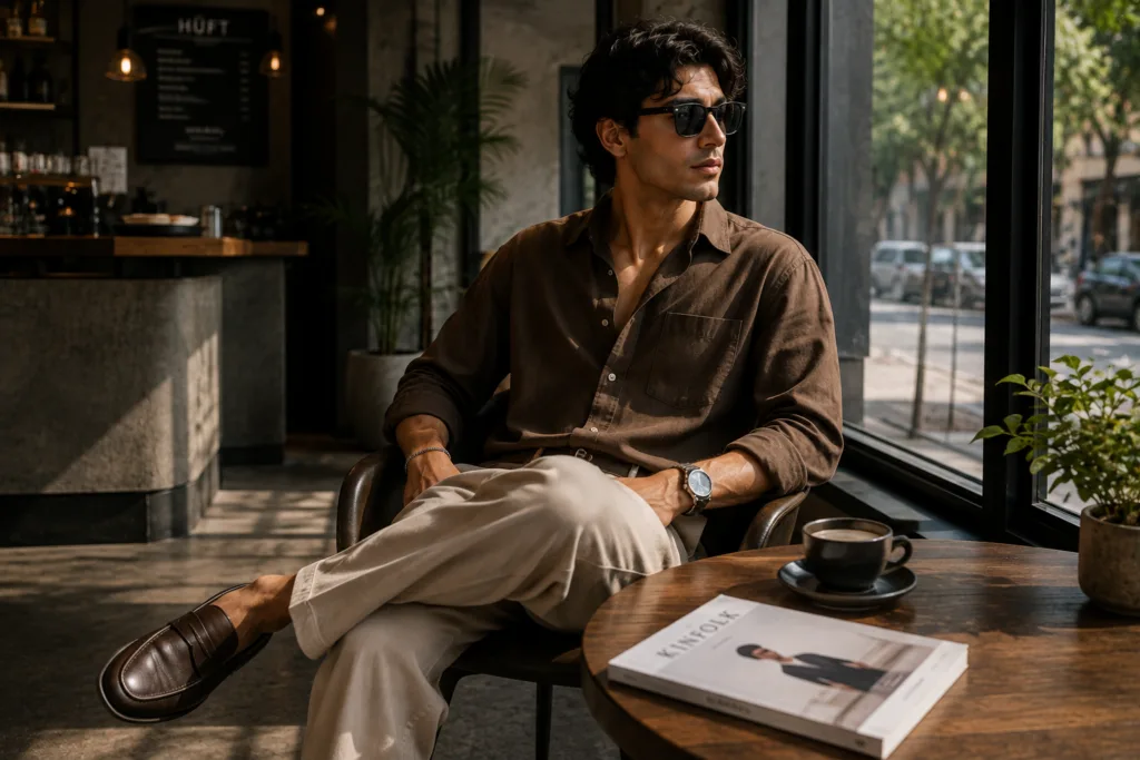 Latest mens fashion styled with relaxed smart casual clothing.