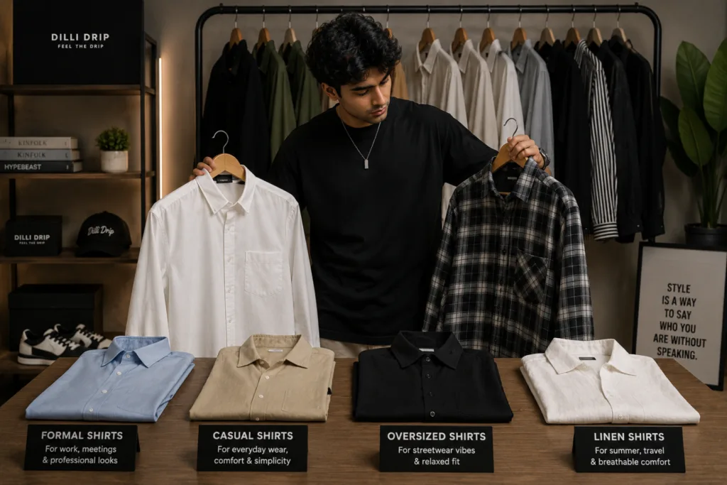 Mens fashion shirts showing casual, formal, and oversized styles.