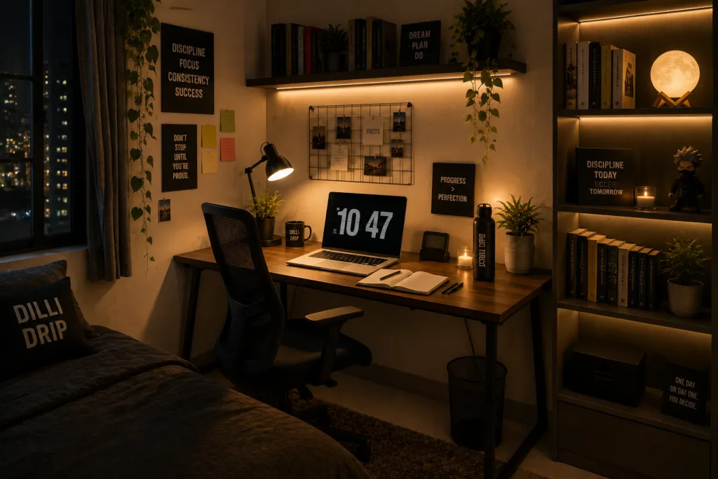 Study room interior design with organised modern decor.
