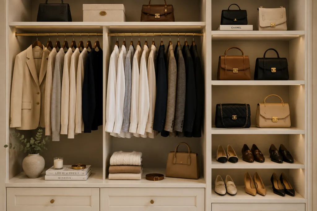 Women Old money outfits women wardrobe with elegant neutral clothing essentials.